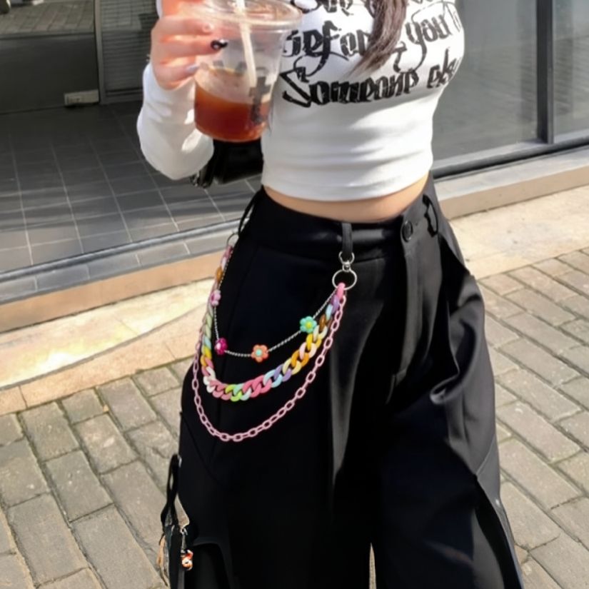 甜酷风多巴胺花朵裤链女韩版嘻哈朋克街舞时尚百搭腰链腰带配饰潮
