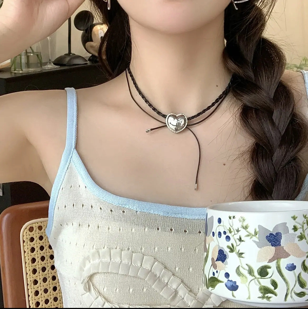 小众y2k甜酷风双层皮链绳结爱心项链女时尚百搭锁骨链choker颈链