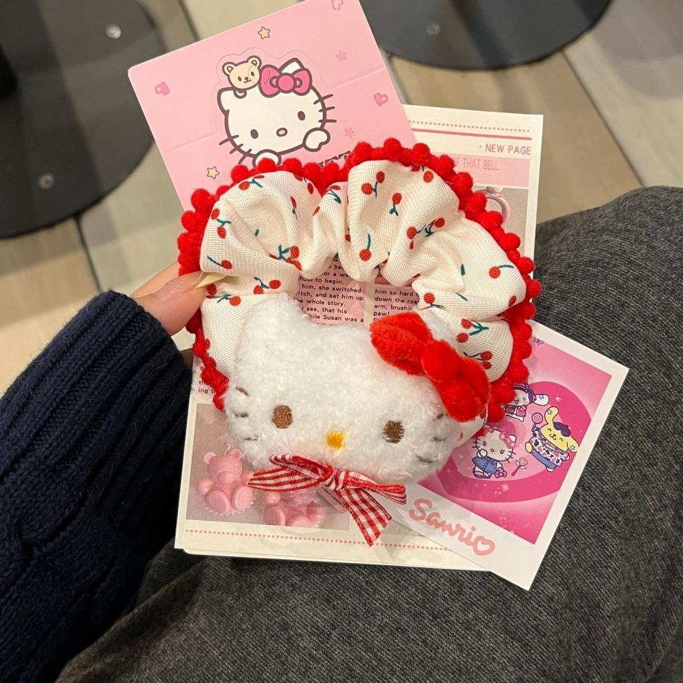 爆款可爱kt猫樱桃花边大肠发圈头花毛绒少女公仔发绳头绳时尚发饰