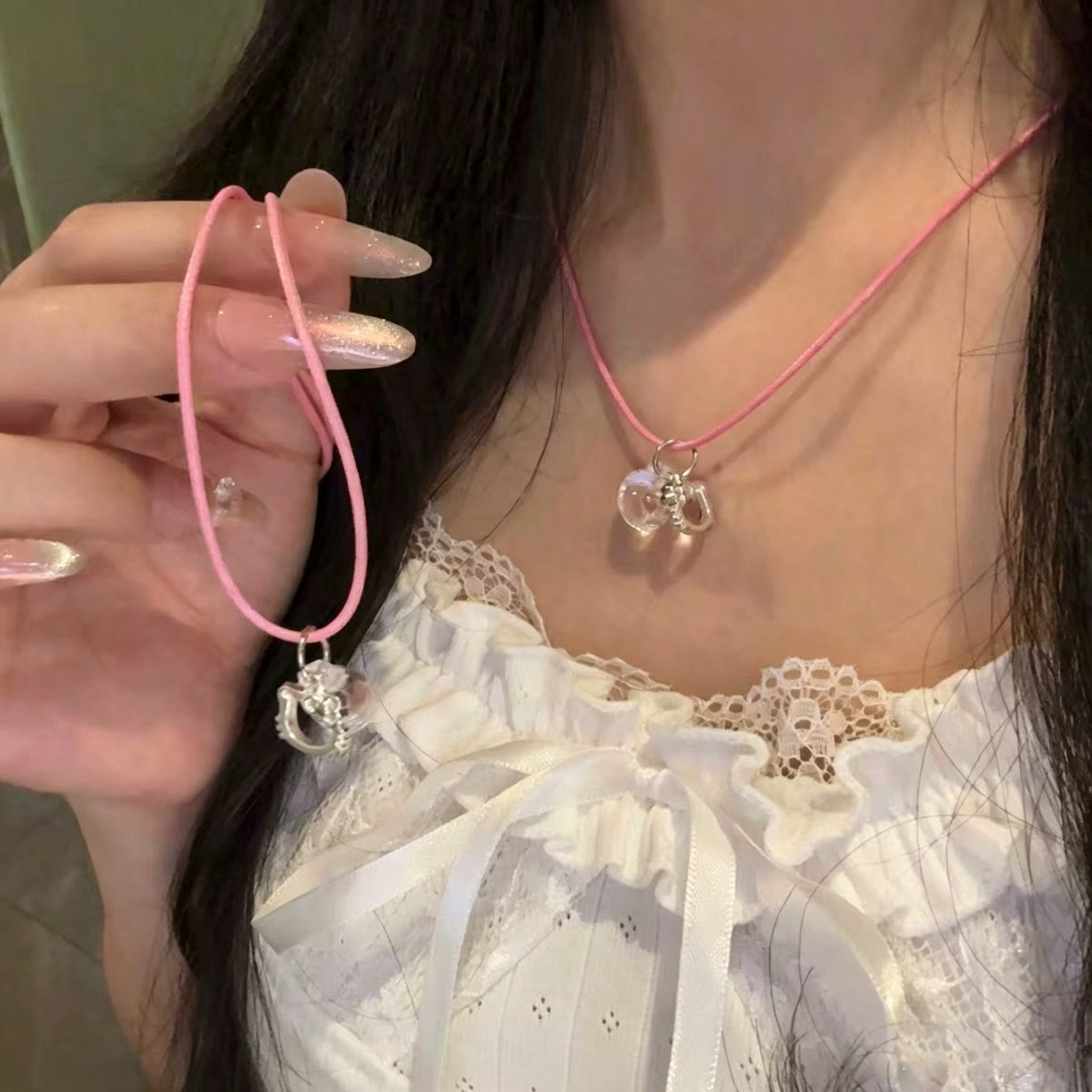 可爱软妹少女心KT猫粉绳甜美项链女小众时尚百搭韩ins锁骨链颈链