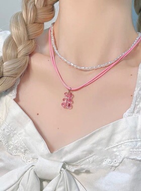 粉色可爱双层小熊珍珠项链女韩版小众时尚叠戴锁骨链颈链配饰潮