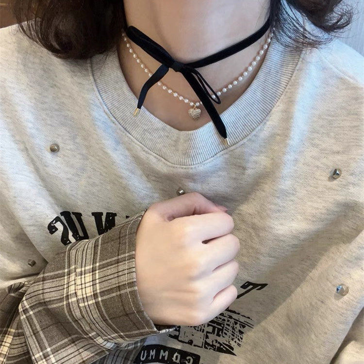 韩国东大门双层丝绒蝴蝶结爱心珍珠项链女短choker休闲时尚锁骨链