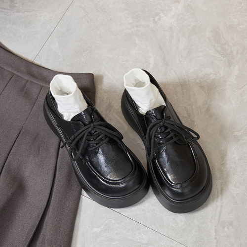 厚底英伦风小皮鞋春季新款真皮乐福鞋松糕软底百搭大头黑色皮鞋女