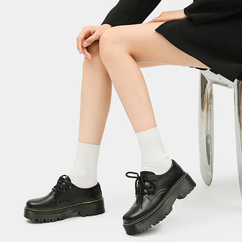 厚底小皮鞋女春季新款乐福鞋子rose同款真皮系带单鞋英伦风马丁鞋