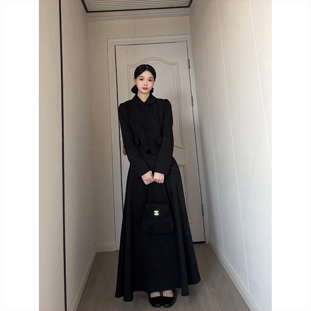 工作室原创古早韩女 温柔复古感套粉色包扣小外套A字高腰伞裙两件