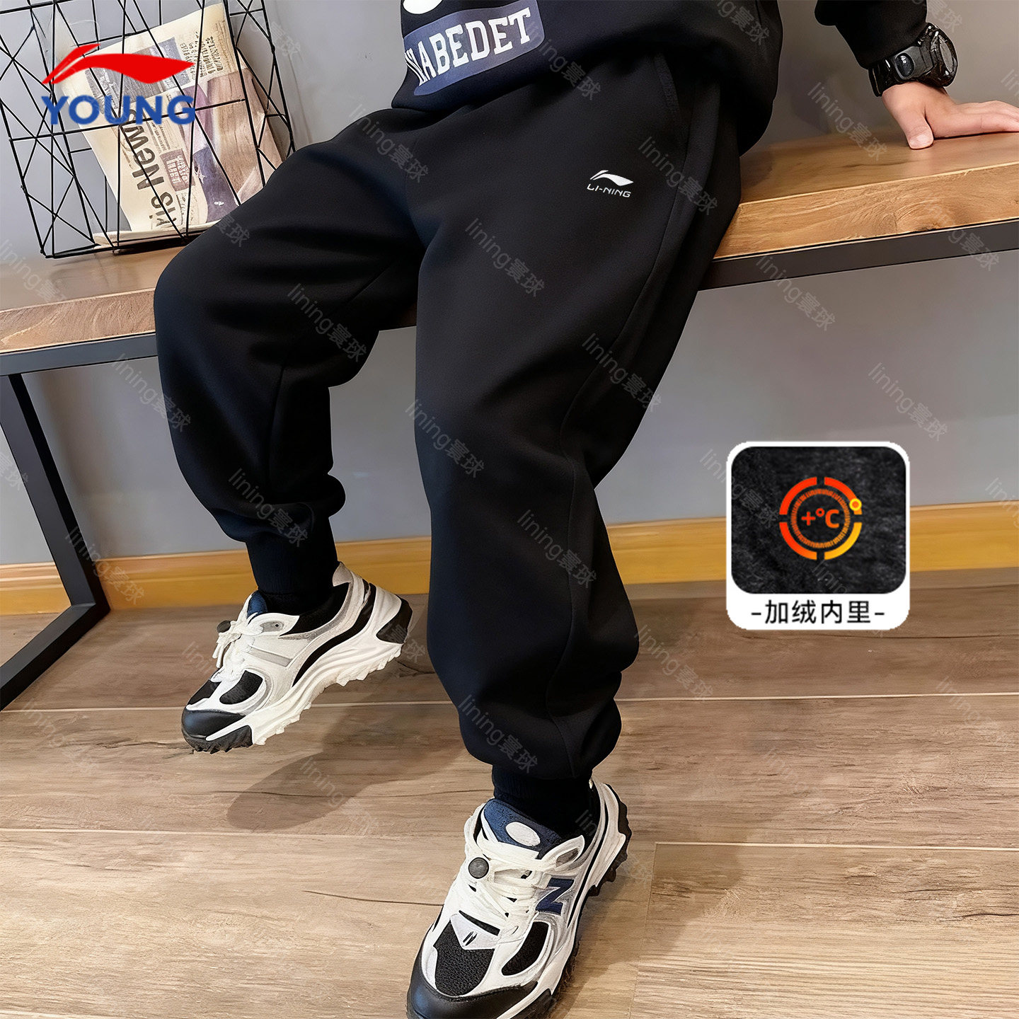 李宁儿童裤子男童加绒保暖运动裤2025秋冬新款青少年束脚宽松长裤