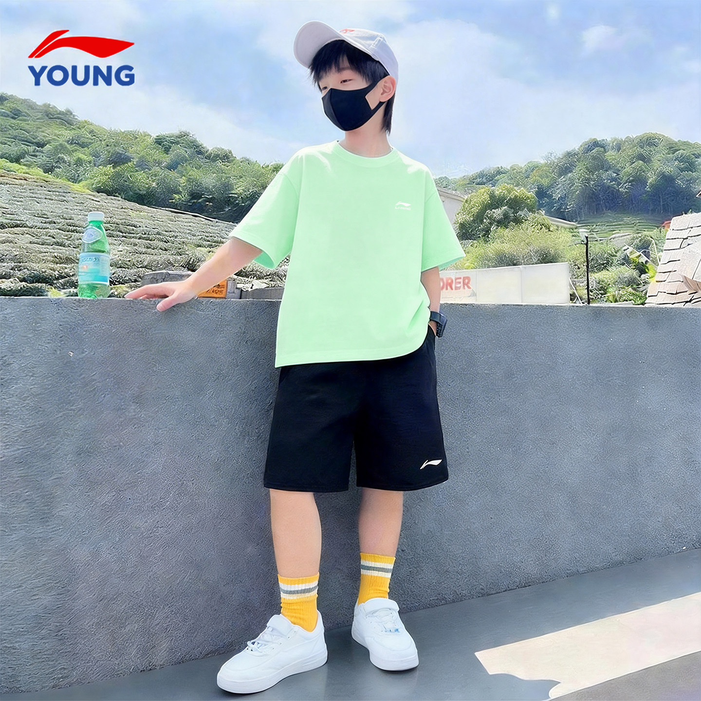 李宁儿童短袖短裤夏季套装男童纯棉速干T恤运动套装男女大童夏装