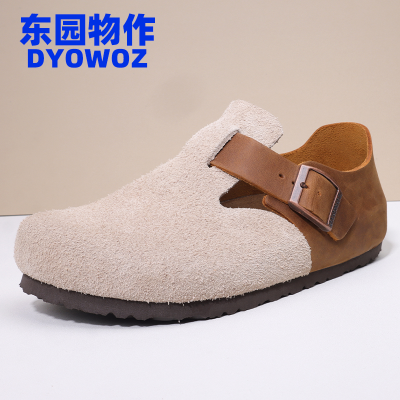 DYOWOZ/东园物作日系复古拼色情侣款软木单鞋女大小码真皮勃肯鞋