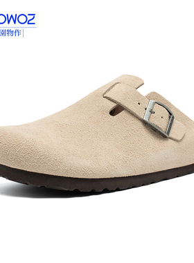 DYOWOZ/东园物作真皮软木鞋平底休闲外穿半包头拖鞋情侣款勃肯鞋