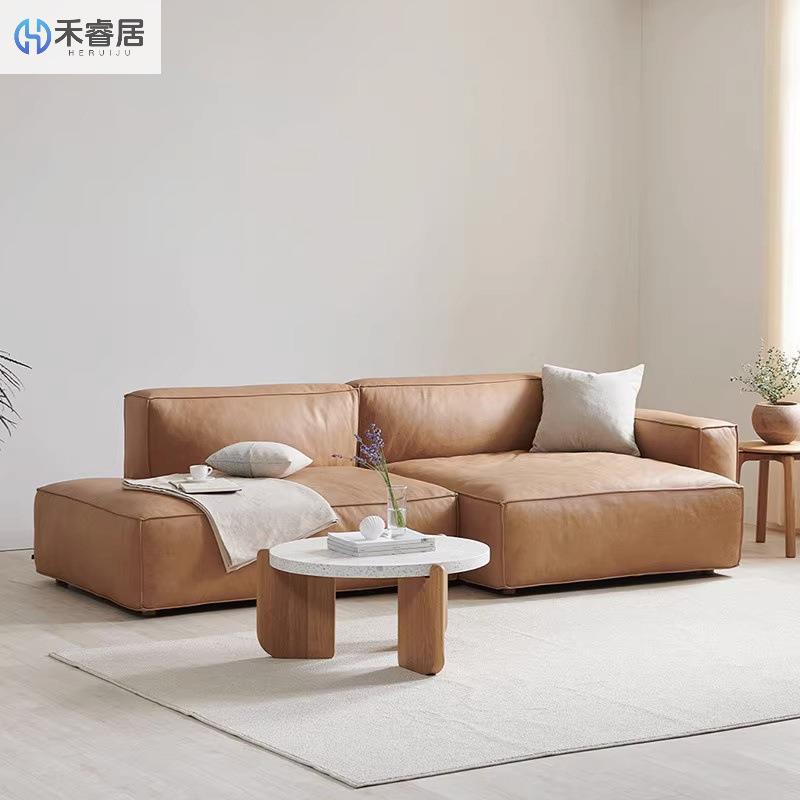 真皮沙发极简面包沙发中古风客厅转角小户型三人复古豆腐块沙发