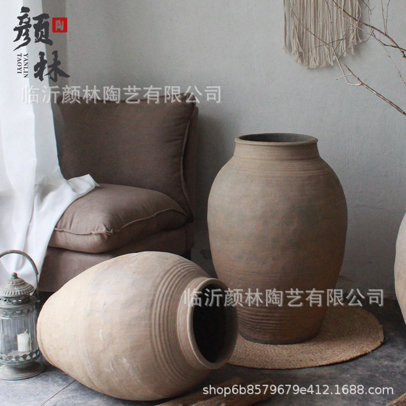 民俗装饰落地粗陶花瓶插干支
