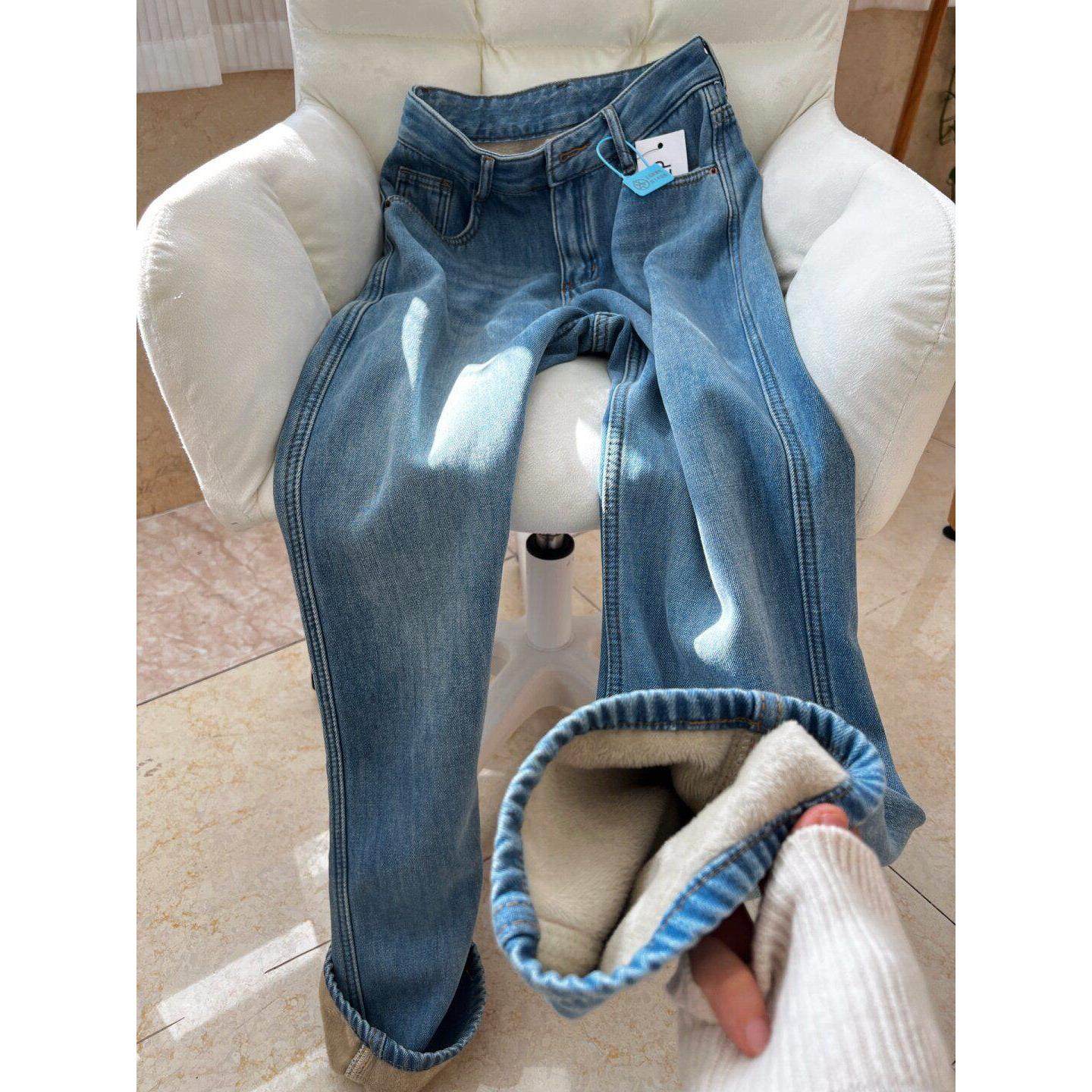 加绒牛仔裤女秋冬加厚保暖高腰直筒宽松垂感复古蓝长裤窄版阔腿裤