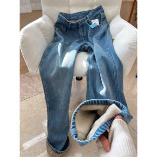 加绒牛仔裤女秋冬加厚保暖高腰直筒宽松垂感复古蓝长裤窄版阔腿裤