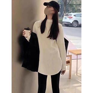 中长款半高领打底衫女秋冬内搭加绒白色长袖T恤搭配鲨鱼裤的上衣