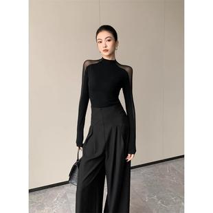 半高领微透网纱打底衫女春秋新款紧身内搭打底衫时尚气质御姐上衣