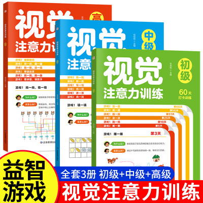 视觉注意力训练全3册 初中高级三段式阶梯训练 3-6-9岁儿童专注力观察力培养益智游戏开发左右脑智力开发书 幼儿园思维启蒙游戏书