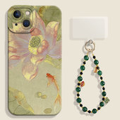 适用苹果13手机壳国风带挂绳16新款 8plus iPhone15promax荷花17锦鲤11莲花14新中式 12mini妈妈x女xr硅胶xs