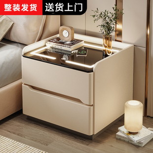 实木免拉手床头柜轻奢岩板储物柜卧室悬浮柜简约现代床边柜收纳柜