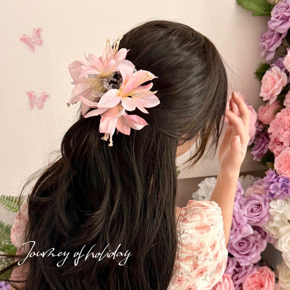 校园小礼品鲨鱼超仙百合花发夹发饰高级感后脑勺盘发抓夹仿真夹氛