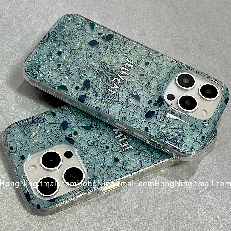 细闪可爱卡通动物涂鸦线条适用苹果16ProMax手机壳iPhone13新款女款16pro小众14防摔15PRO硅胶12全包男生软壳