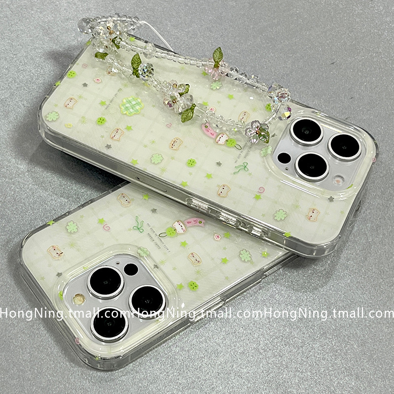 韩风四叶草卡通猫咪带链条适用苹果16ProMax手机壳双层iPhone13新款16pro小众女款14防摔15PRO硅胶全包保护套