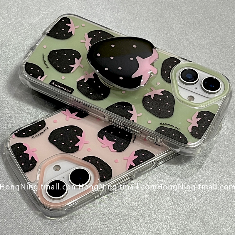 文艺黑色草莓带支架适用苹果16ProMax手机壳iPhone13新款16pro小众女款14防摔15PRO硅胶情侣个性全包保护套软
