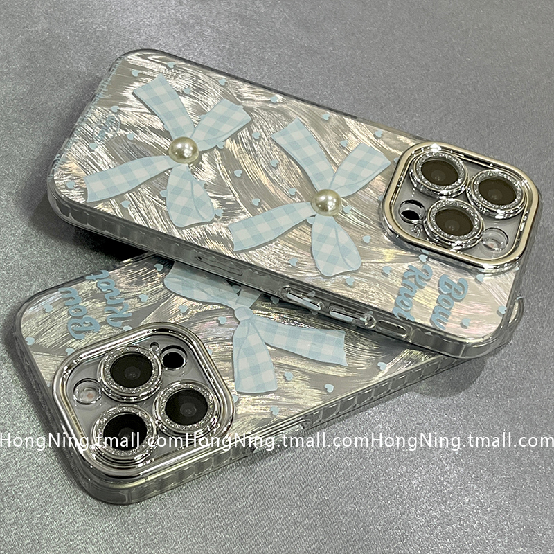 ins风蓝色蝴蝶结珍珠适用苹果14手机壳iPhone15ProMax新款小众13pro防摔16PRO硅胶11女款12甜妹韩系全包硬壳
