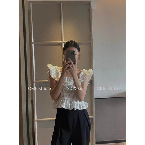 CME Stduio法式小飞袖吊带背心女设计感小众压褶修身短款洋气上衣