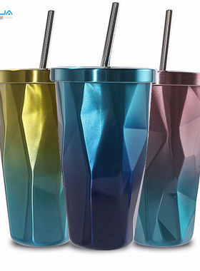 合安E家B522炫彩吸管杯L内外304不锈钢菱形保温杯渐变色带吸管
