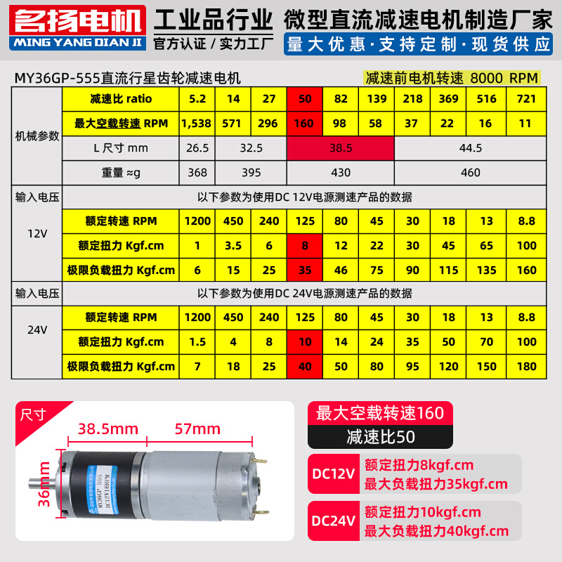 直流减速电机12v24v行星齿轮可调速36GP-555微小型低速大扭力马达