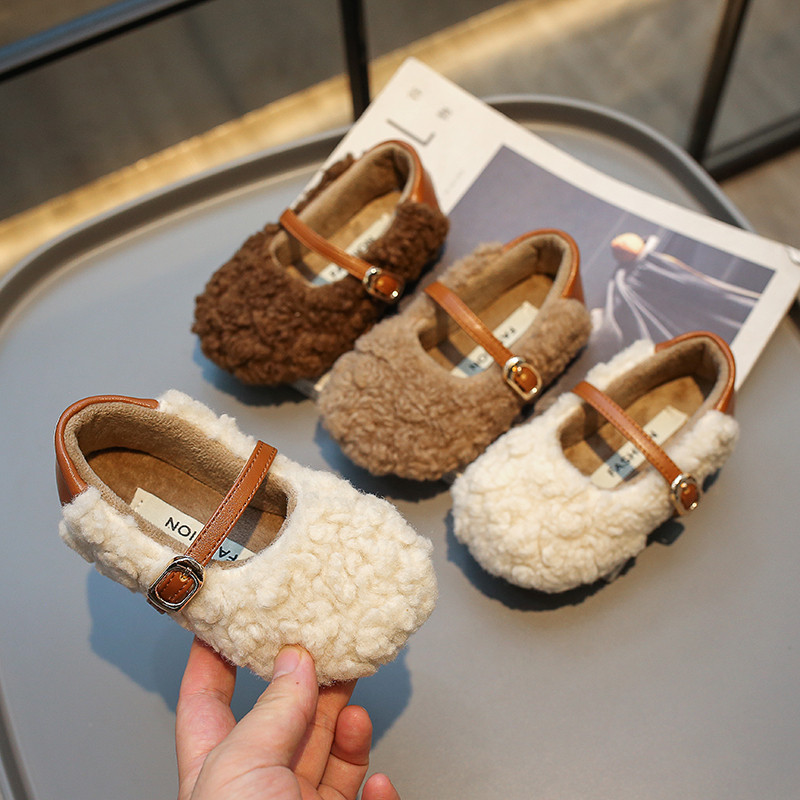 女童毛毛鞋秋冬新款保暖加绒公主鞋女孩平底豆豆童鞋一脚蹬棉鞋潮