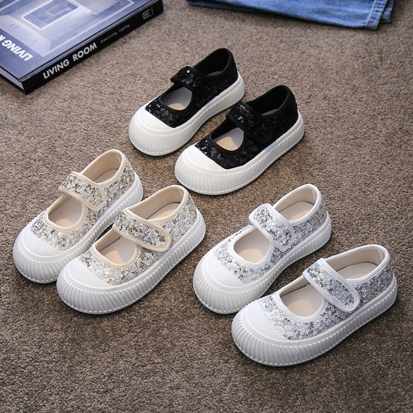 新款女童玛丽珍公主帆布鞋夏季中小童亮片饼干鞋透气甜美女孩鞋子