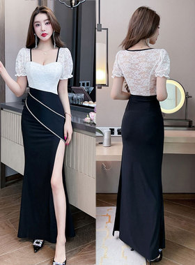 夜场黑色修身气质国风K歌沐足浴技师轻奢V领主持人改良桑拿连衣裙