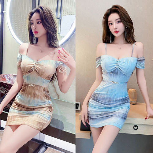 辣妹性感吊带一字肩包臀裙2025新款紧身褶皱spa水疗夜场公主服潮