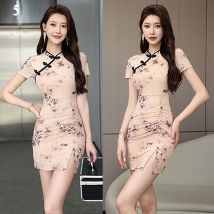 夏季碎花短款中式改良版旗袍裙辣妹气质茶艺师沐足桑拿技师工作服