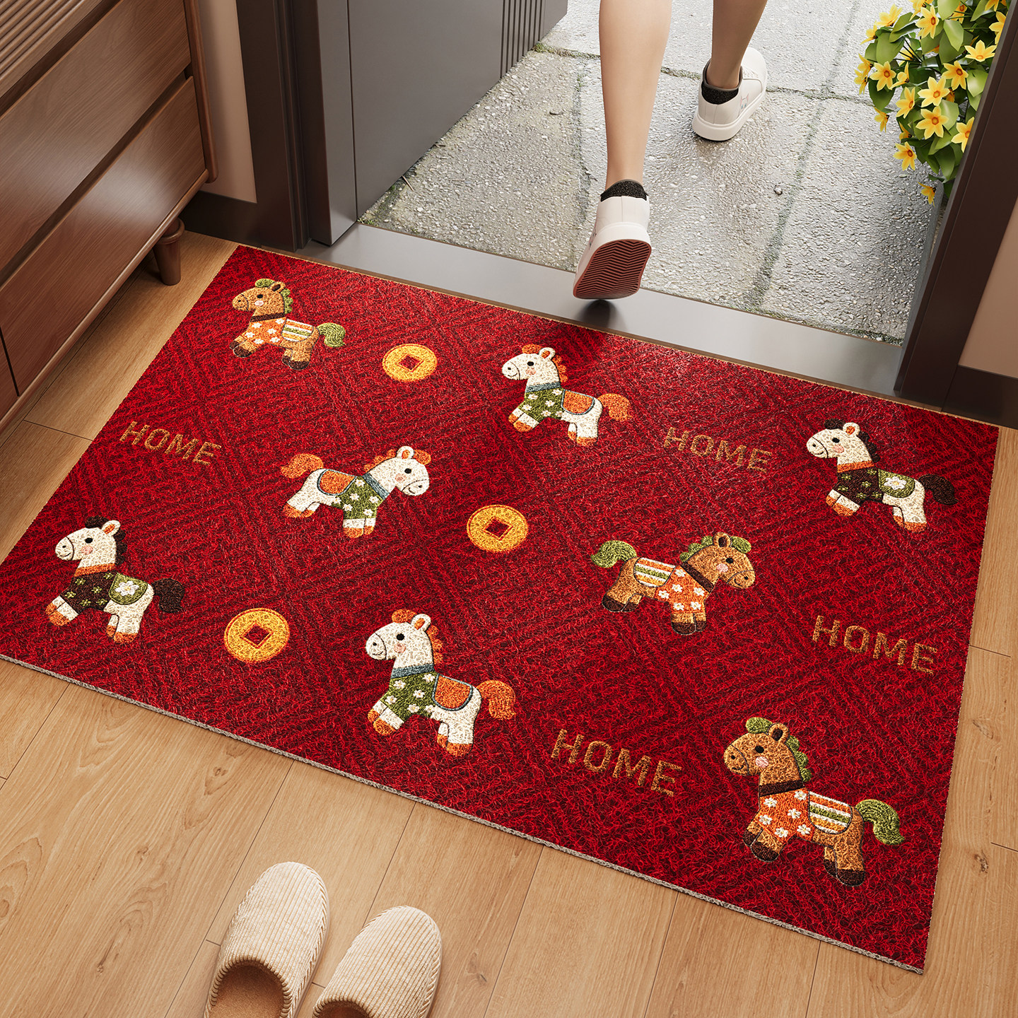 红色马年入户门地垫喜庆丝圈防滑脚垫轻奢高级感耐脏除尘地毯门垫,居家布艺,入户地垫,淘宝优惠券,粉丝福利购,淘宝优惠卷
