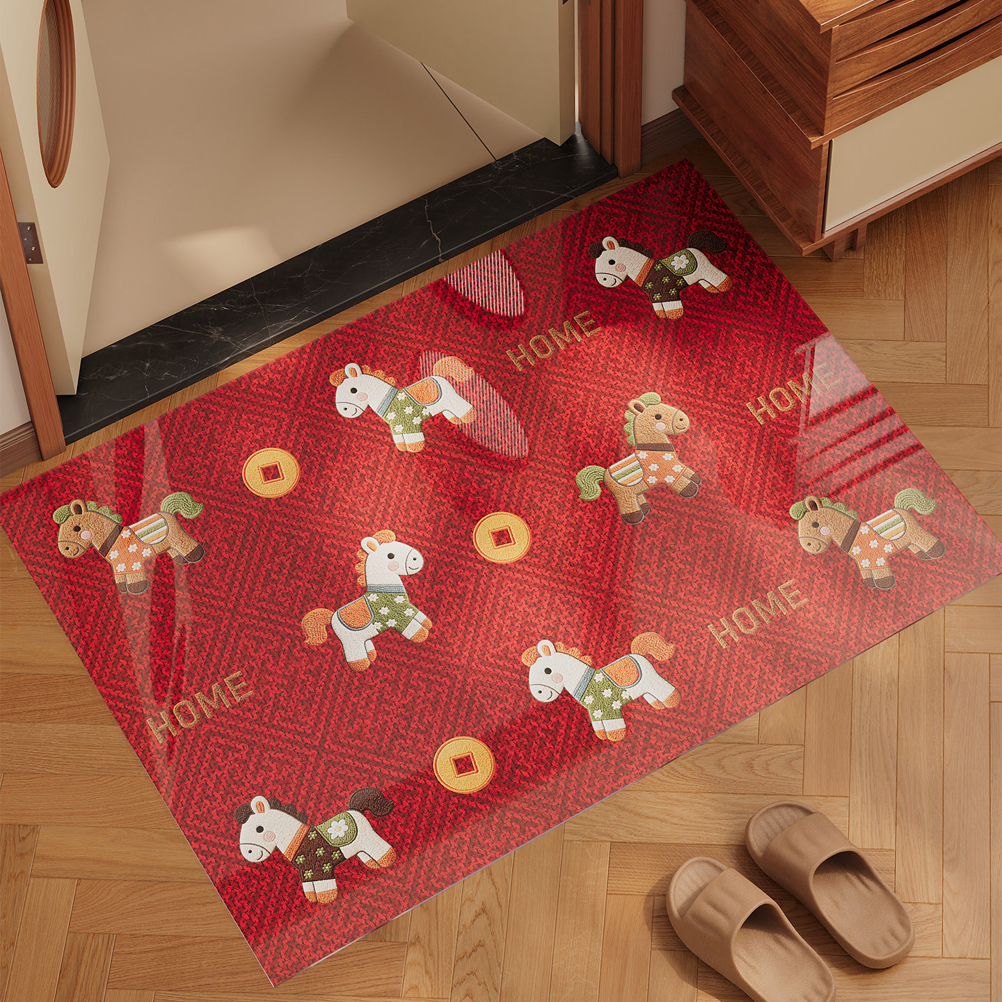 红色卡通马年防滑脚垫入户门地垫透明软玻璃耐脏除尘免洗地毯定制,居家布艺,入户地垫,淘宝优惠券,粉丝福利购,淘宝优惠卷