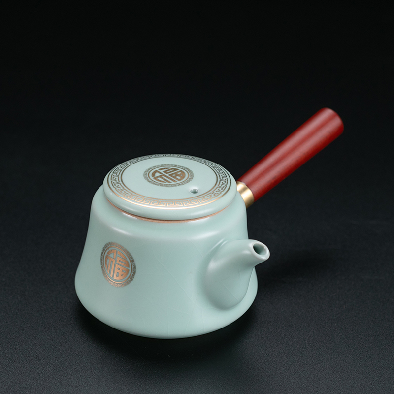 汝窑木柄侧把中式泡茶壶单个家用现代陶瓷茶水分离壶功夫茶具套装