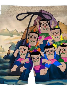 205夏季新款葫芦娃3D印花沙滩裤寝室装兄弟装宽松透气五分裤