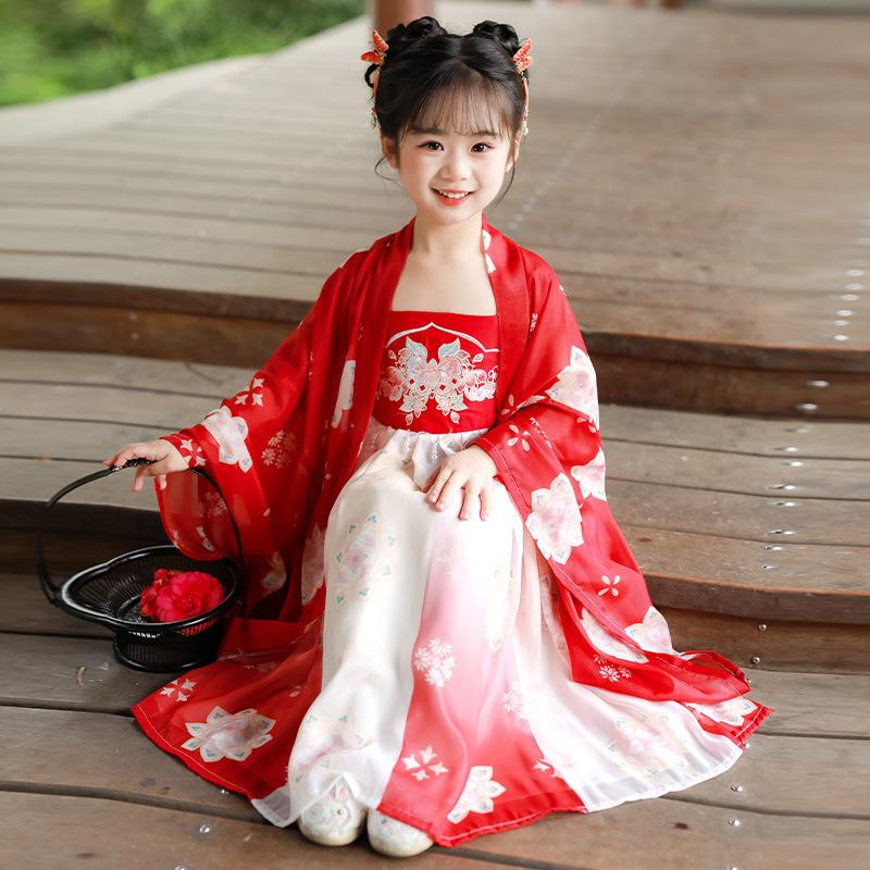 女童汉服2025古装中国风超仙唐装大袖衫红色古筝舞蹈中秋演出服装