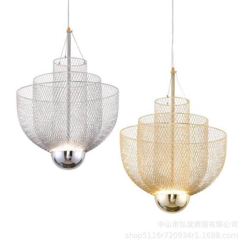 后现代轻奢电镀网格艺术餐厅吊灯样板房酒店客厅复式楼梯工程吊灯