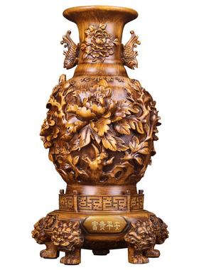 半手工雕刻花瓶摆件花开富贵木纹办公室装饰树脂工艺礼品