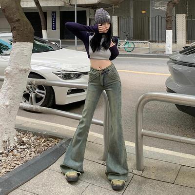 ZRZV美式复古做旧喇叭牛仔裤2023新款辣妹低腰V型修身显瘦微喇裤
