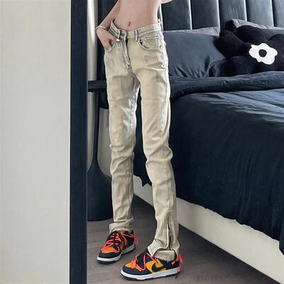 9002up高街修身水洗黄泥牛仔裤男潮牌春秋美式vibe风嘻哈弹力裤子