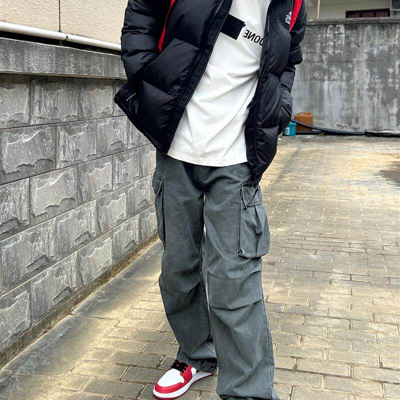 07QWER 2024秋冬重磅水洗纯棉美式街头工装裤宽松直筒阔腿休闲裤