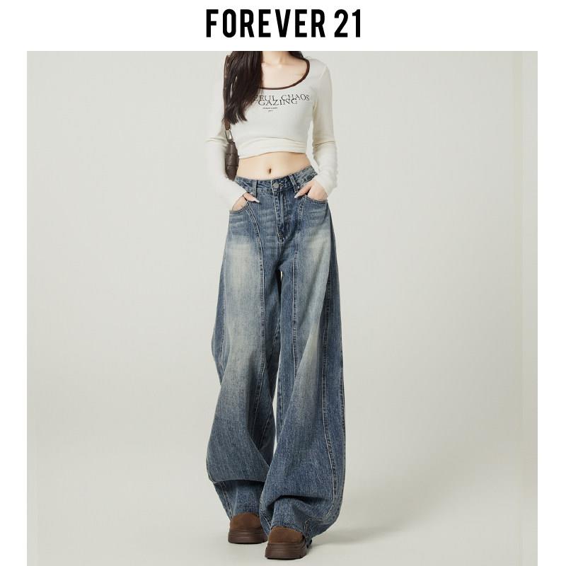 Forever 21复古蓝高街宽松阔腿牛仔裤女美式设计感高腰垂感弯刀裤