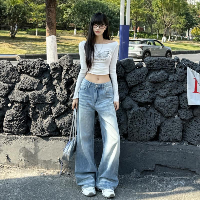 弄格浅蓝色牛仔裤女春季2026新款水洗设计感拖地阔腿宽松直筒裤子图片