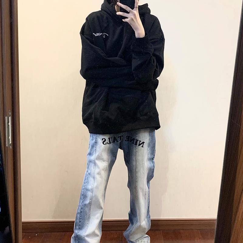 9TAILS LAB高街水洗拼接做旧刺绣显瘦喇叭裤休闲男女阔腿牛仔长裤