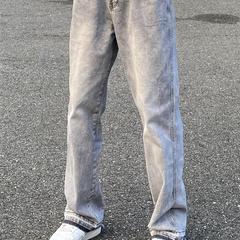 AHCN美式复古街头水洗做旧毛边雾霾灰直筒牛仔裤宽松弹力百搭长裤