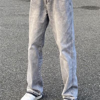 AHCN美式复古街头水洗做旧毛边雾霾灰直筒牛仔裤宽松弹力百搭长裤